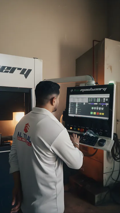 فني في التلال أمام وحدة التحكم بماكينة CNC داخل المصنع